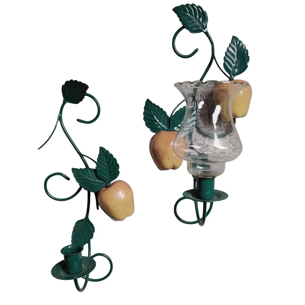 90s Homeco Metal Apple Vine Wall Sconce Pair Green Leaf Fruit Candle Holder Set
